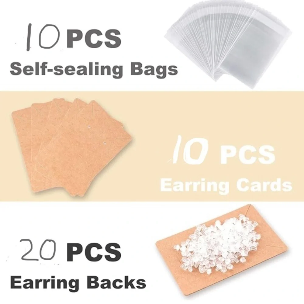 Set/10 Earring, Necklace Cards with Earring Backs, Resealable Clear Bags